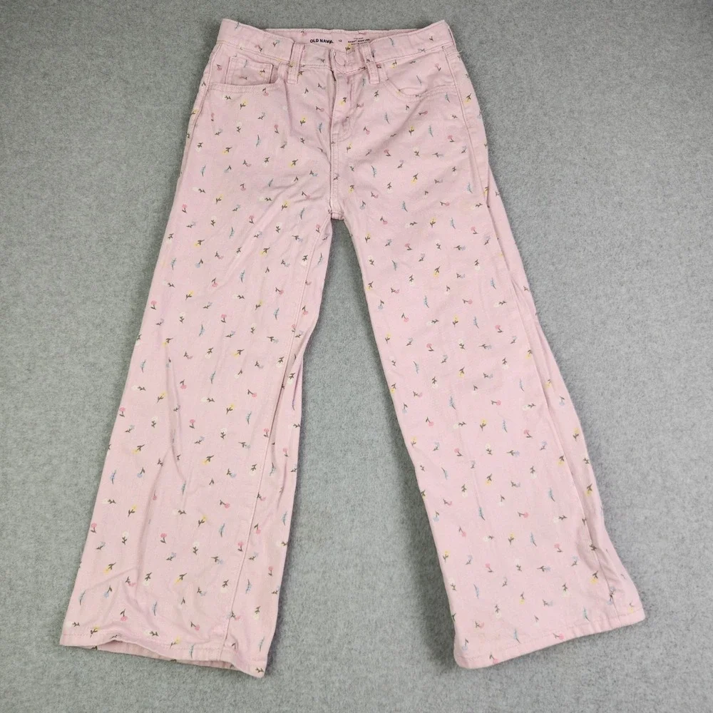Old Navy Baggy Jeans Girls 12 Pink Floral Built-In Tough Y2K High Rise Wide Leg